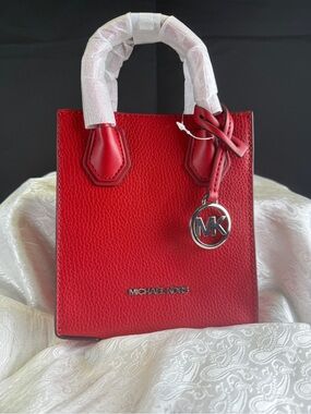 Michael Kors Red Pebbled Leather Mini Tote with MK Charm